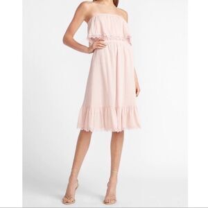 New express elastic strapless neckline ruffle bottom midi dress